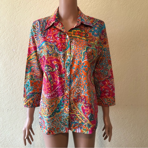 Lauren Ralph Lauren Petite Paisley Multicolored Button-Up Shirt Women’s Size PL - Picture 1 of 16